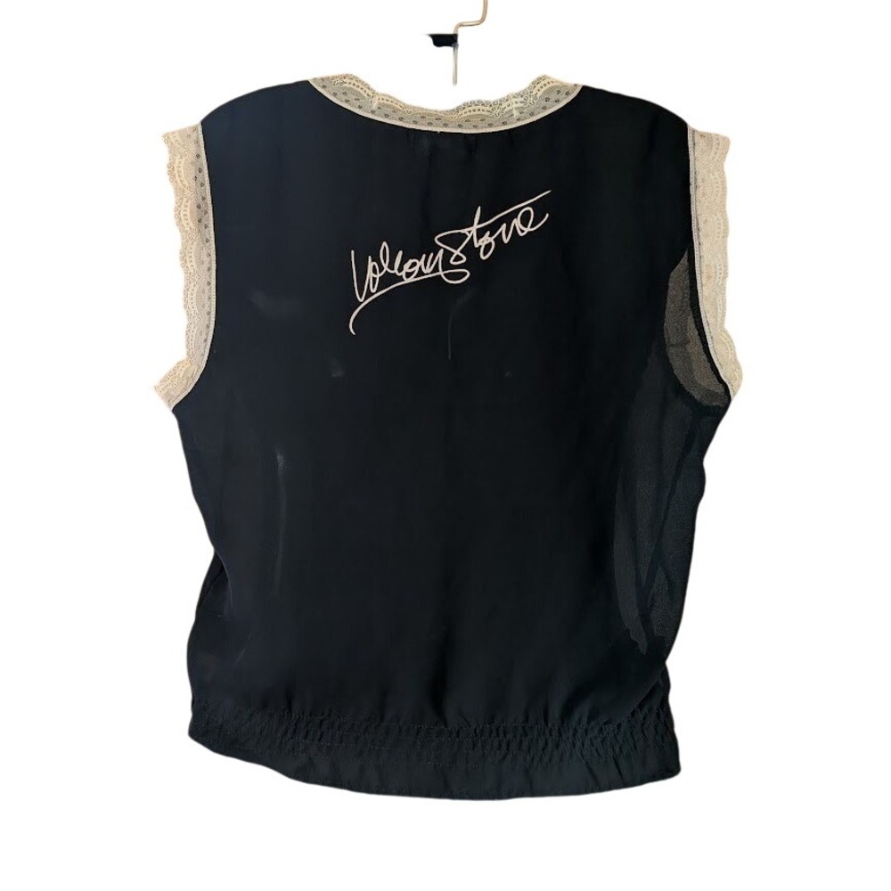 Rare Volcom Girls Top M Vintage Sheer Lace Trim Smocked Hem Embroider Logo Indie
